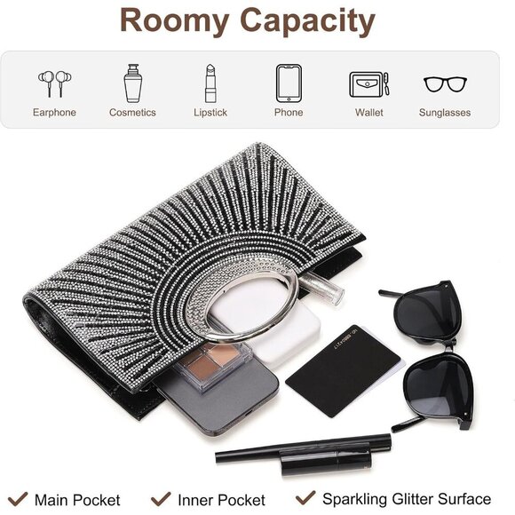 🆕Women Sparkly Black Polyester Rhinestone Clutch Evening Bag Shoulder Chain - Picture 5 of 7